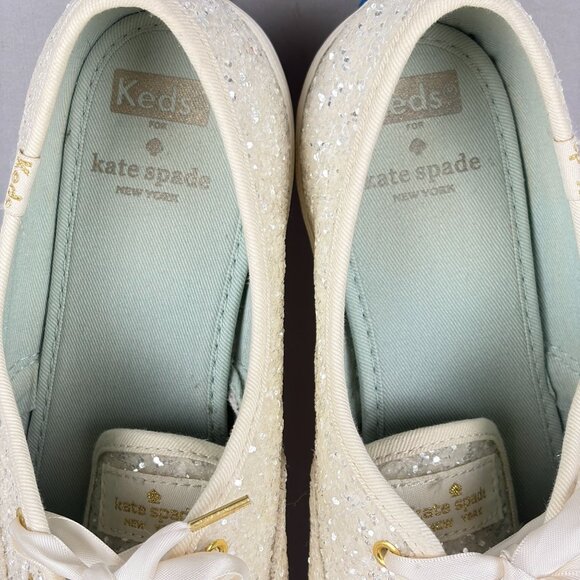 Kate Spade Keds Glitter Ribbon Lace Sneakers Womens 9.5 Silver Gold Wedding - Picture 8 of 10